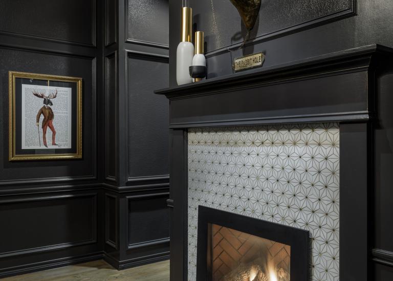 A Hidden Cocktail Room fireplace
